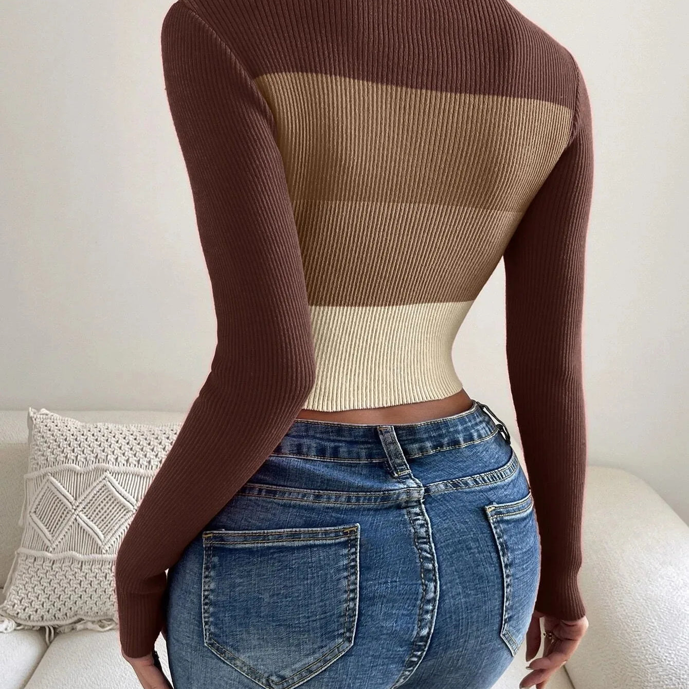 Spring Women Crop Colorblock Turtleneck Ribbed Long Sleeve Pull Sweater Femme Knitwear Jumper Outfits Pullovers