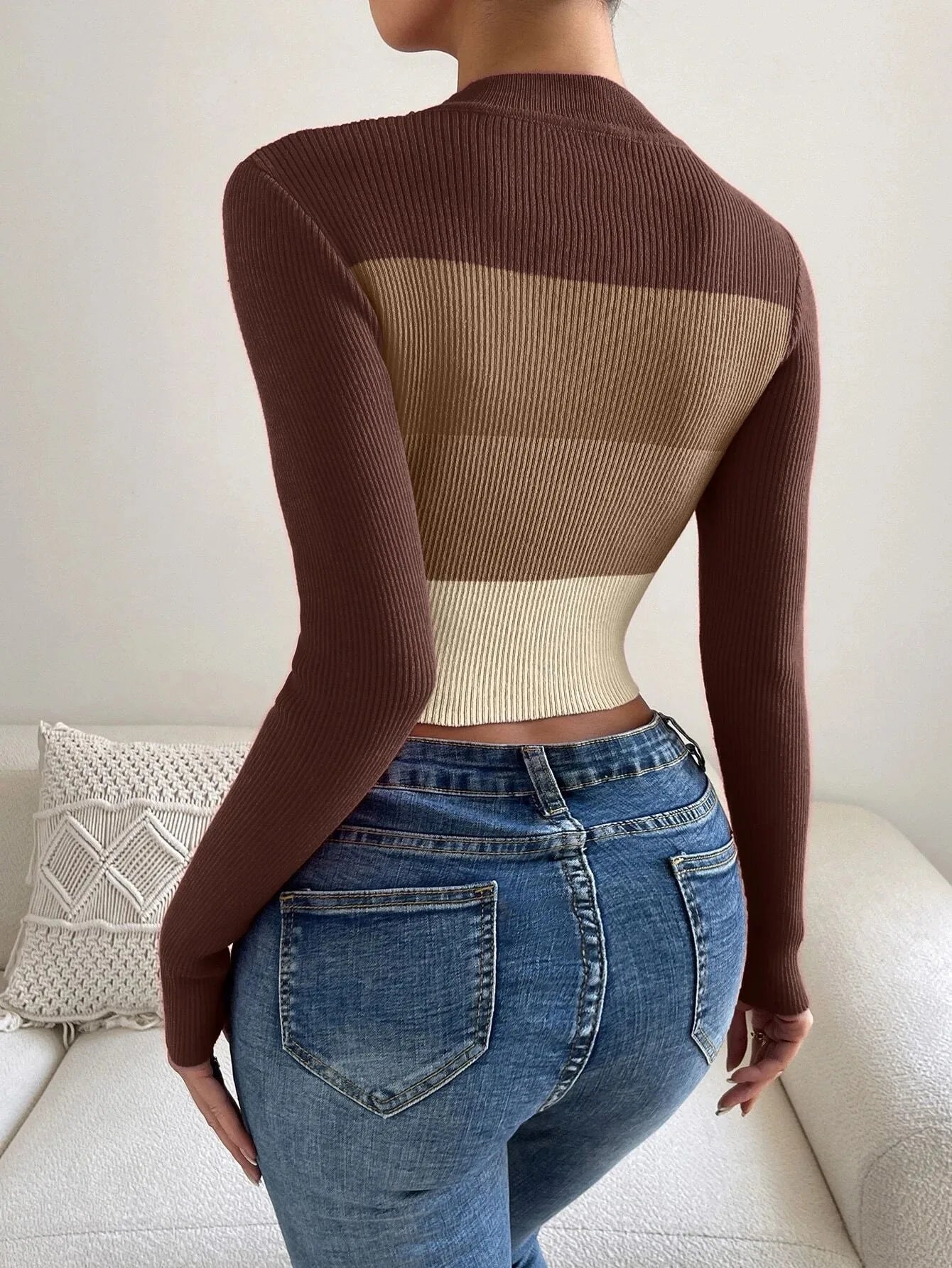 Spring Women Crop Colorblock Turtleneck Ribbed Long Sleeve Pull Sweater Femme Knitwear Jumper Outfits Pullovers