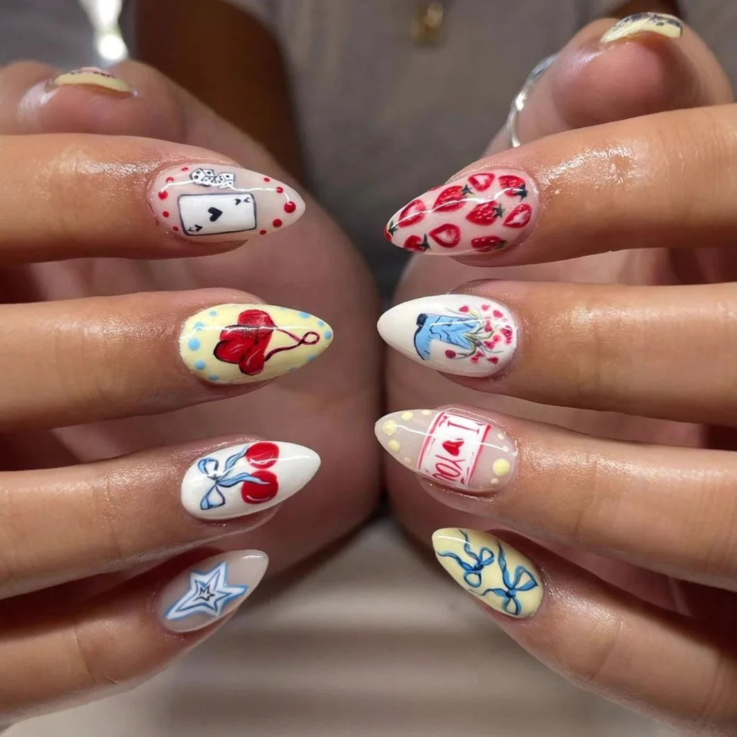 24pcs Summer Ocean False Nails Shark Starfish Pattern Fake Nails Tips Wearable Detachable Spice Girl Almond Press on Nails