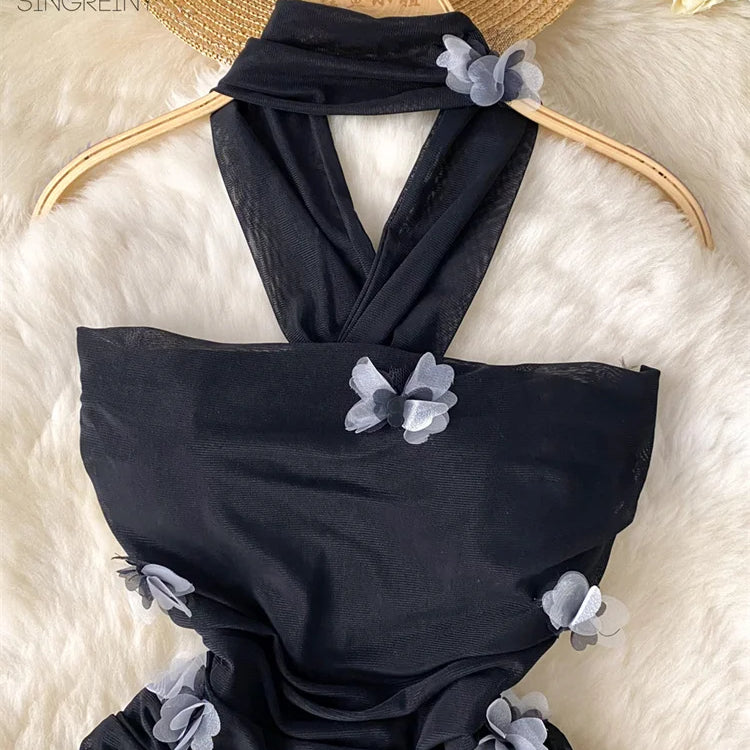 SINGREINY Hotsweet Sexy Slim Dress Ladies Halter Strapless Sleeveless BodyconThre-dimensional Floral Fashion Short Dress