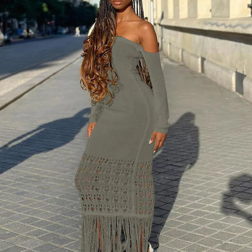 Dulzura Autumn Knitted Tassel Y2K Clothes Long Sleeve Backless Tube Bodycon Maxi Dress For Women 2023 Club Party Elegant Outfits