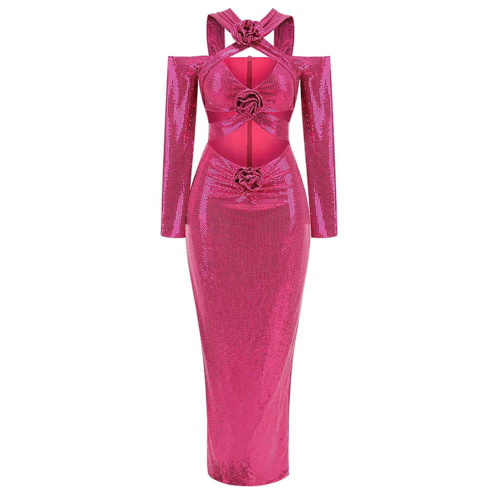 Rosered Color Women Long Sleeve Sexy Keyholes Shinning Sequins Bodycon Long Dress Evening Party Celebrate Cocktail Dress