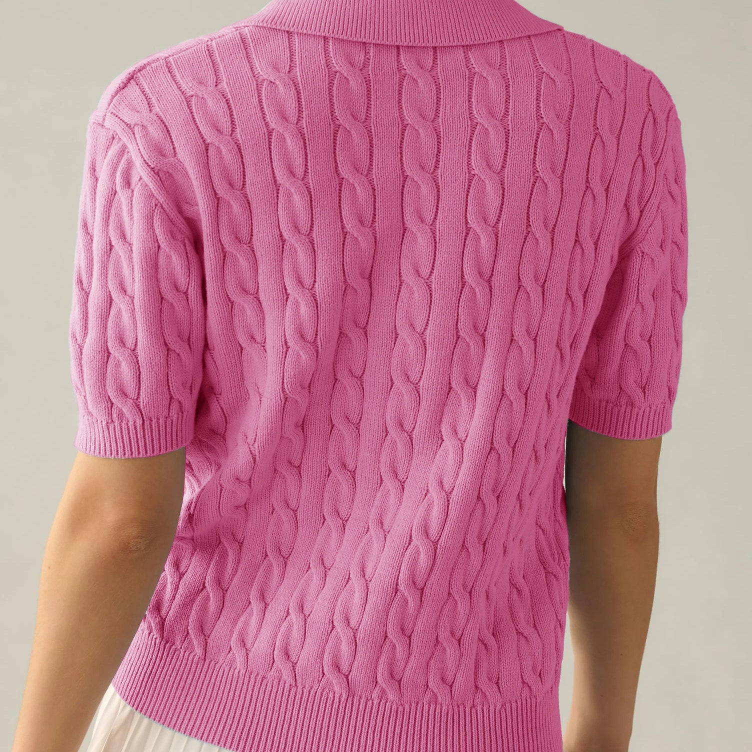 Casual Hot Pink Cable Knit Loose V Neck Short Sleeve Sweater Pullover Spring Summer Fashion Soft Lapel Collar Knitted Top Y2K