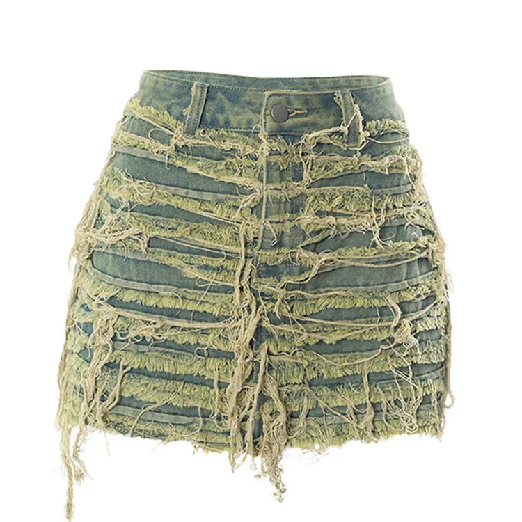 Women's Denim Skirt Do Old Solid Color Burrs Tassel Slim High Waist Short A-line Mini Skirt Autumn Fashion