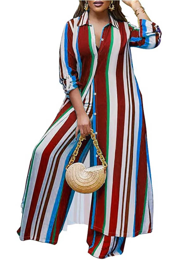 2 Piece Outfit Set Women Plus Size Matching Sets Long Shirt Top and Pants Sets Striped Casual Outfits 5xl Women Autumn Clothes