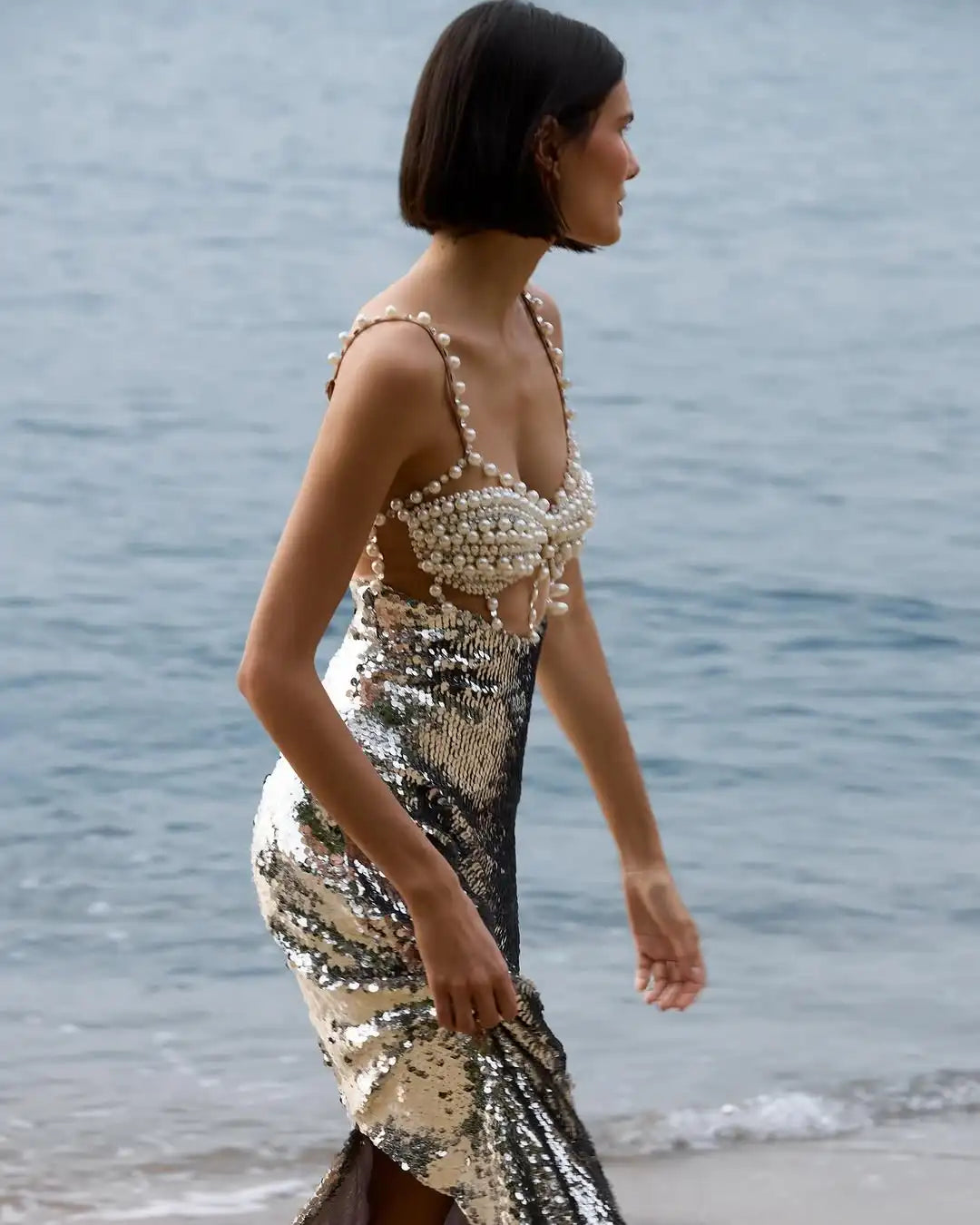 Fashionable Haute Couture  Woman Evening Dress  Pearl Sliver Sequins Spaghetti Strap Long Dress  Celebrity Birthday Party Outfit