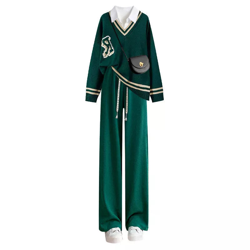 Korean Popular Autumn New Loose Knitted Sweater White Shirt Wide Leg Trousers Three Piece Elegant Women's Pants Set