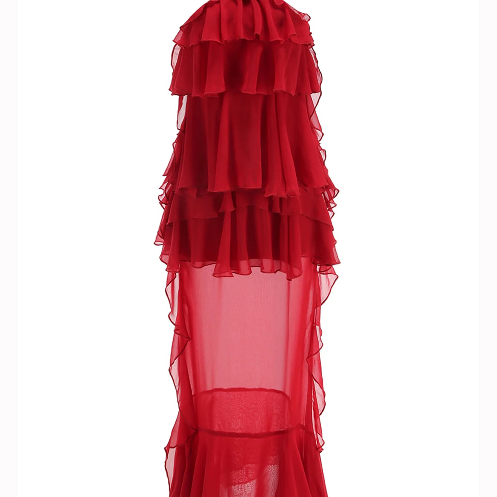 Women Gauze Perspective Irregular Elegant Long Party Dress New Ruffles Sleeveless Fashion Tide Summer 2025