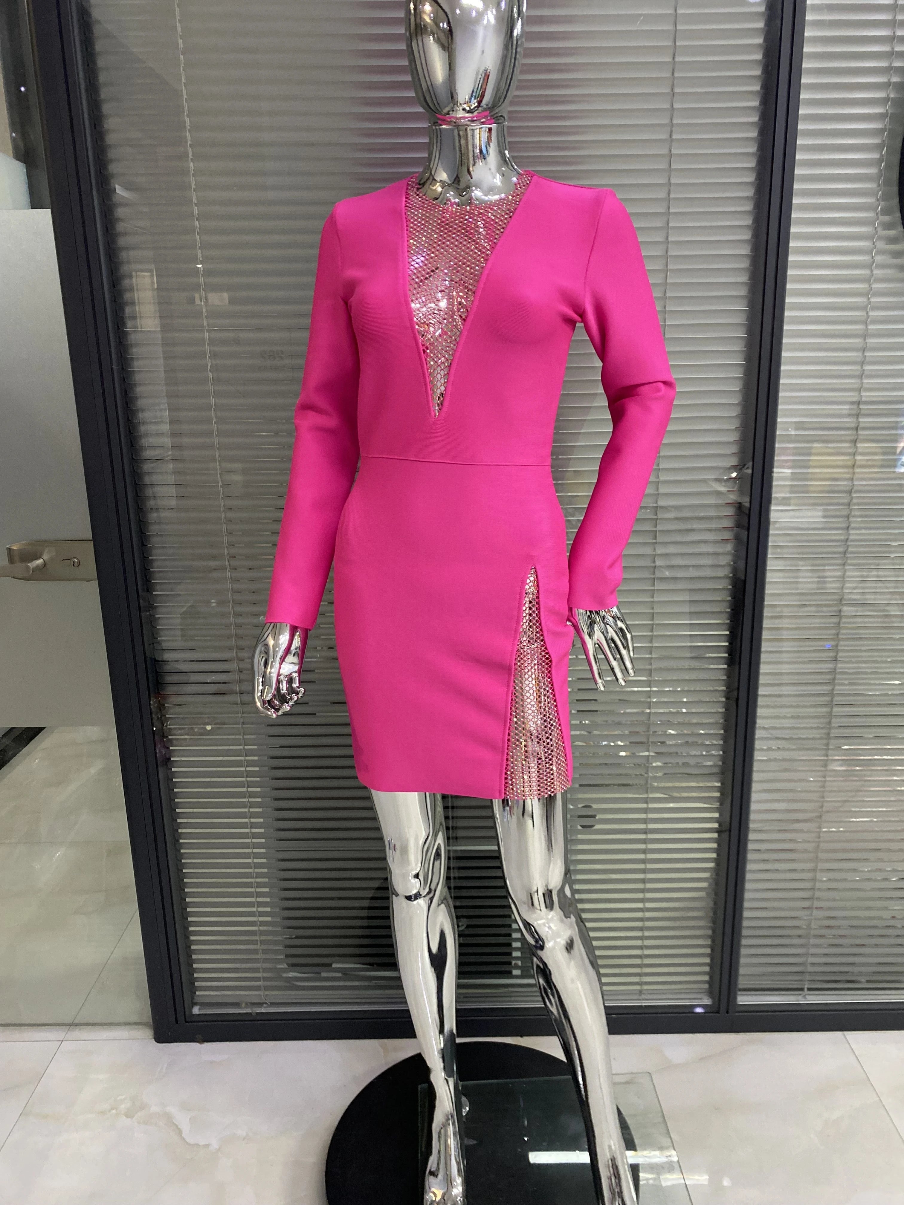 Winter Women Black Beading Long Sleeve Rayon Bandage Sexy Hollow Out Mini Club Celebrity Runway Party Dress