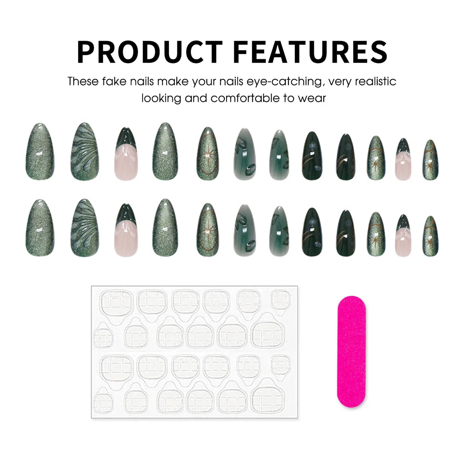 Glossy Green Fake Nails 24Pcs French Almond Press On Nails Fairy Star Printed Full Cover False Nails DIY Charm Manicure