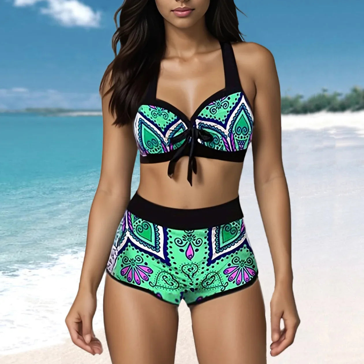 Plus Size Bikini Set 2-Piece Swimsuit Swimwear Women Sexy Swimming Suit Beachwear Bathing Suit Summer High Waist Monokini green