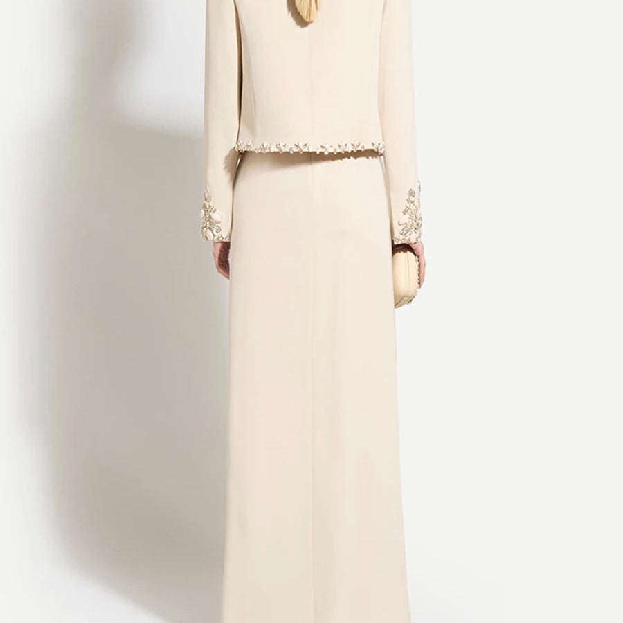 TWOTWINSTYLE Solid Slimming Two Piece Sets for Women Round Neck Long Sleeves Patchwork Bead Top High Waist Split Skirt Female