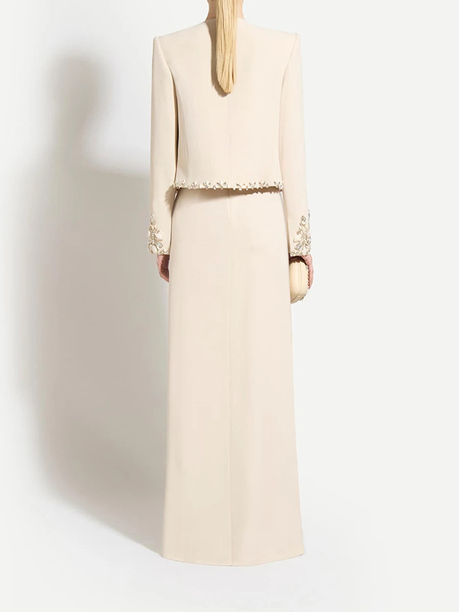 TWOTWINSTYLE Solid Slimming Two Piece Sets for Women Round Neck Long Sleeves Patchwork Bead Top High Waist Split Skirt Female