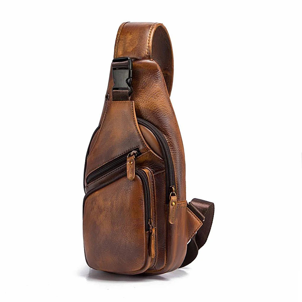 Men Original Crazy horse Leather Casual Triangle Crossbody Chest Sling Bag Design Travel One Shoulder Bag Daypack Male 8015 light brown