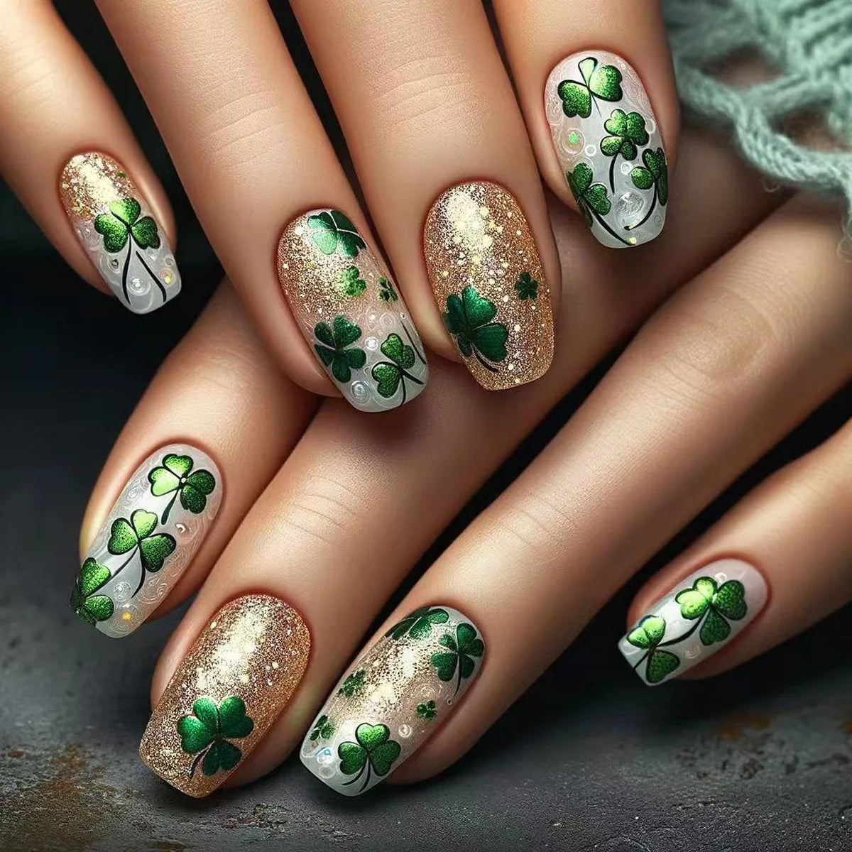 24Pcs Golden Glitter Fake Nail Art with Clover Sequin Design Medium Square False Nail Tip Simple Green Wearable French Gel Nails