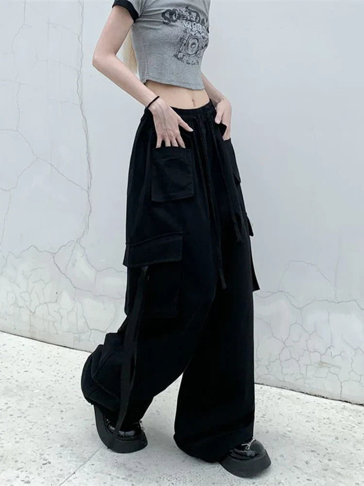 Zoki Pure Cotton Harajuku Cargo Pants Women Vintage Streetwear Oversize Bf Trousers Retro Pockets Casual Hip Hop Straight Pants black