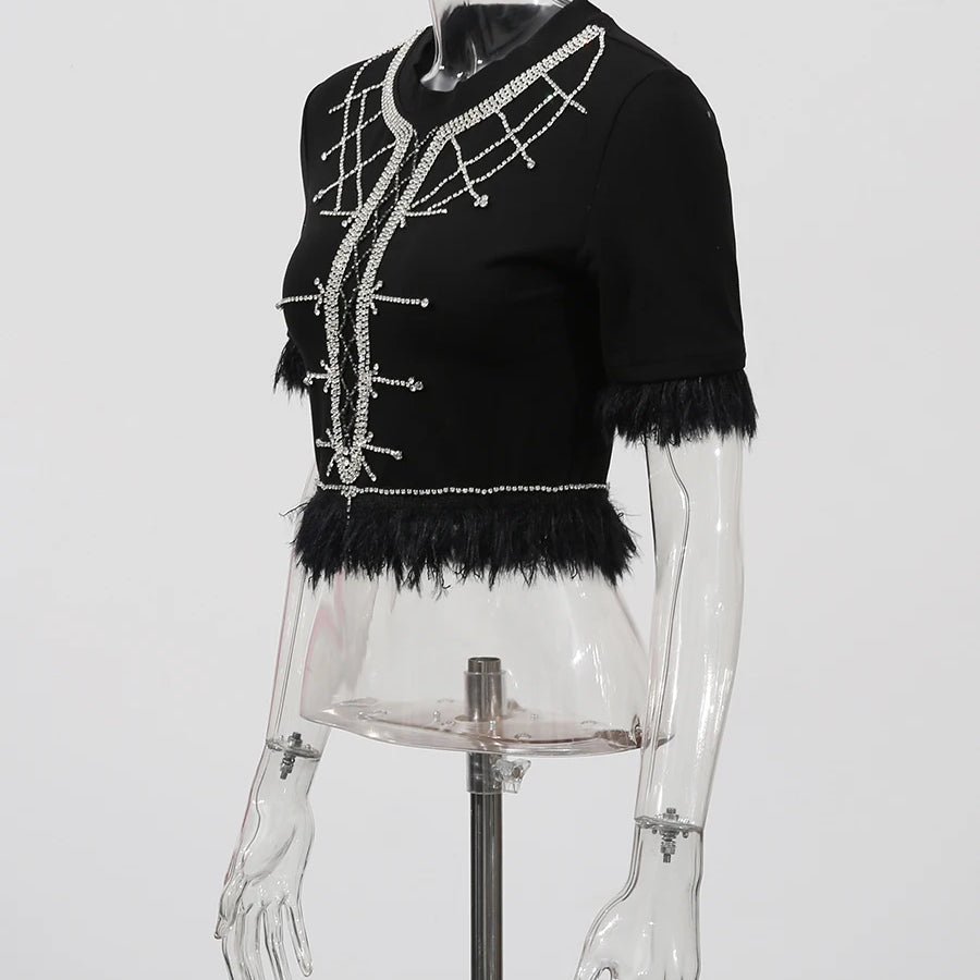 TWOTWINSTYLE Slimming Spliced Diamond Elegant T Shirts for Women Round Neck Short Sleeves Patchwork Tassels Tees Femlae Fashion