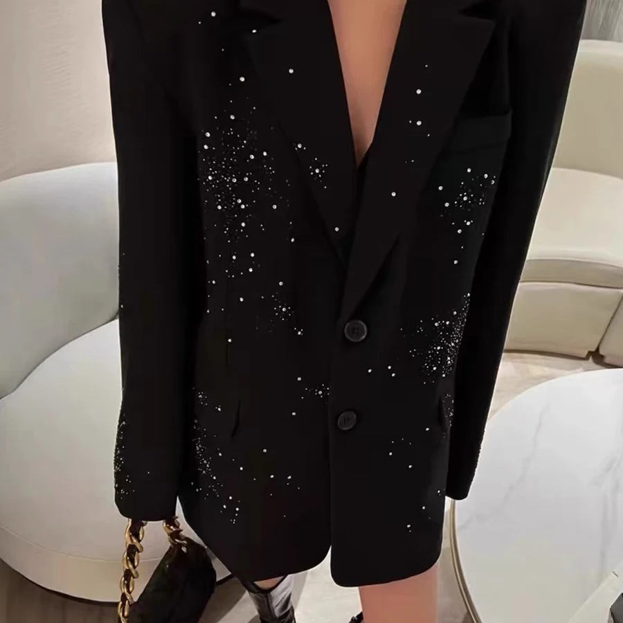 TWOTWINSTYLE Solid Loose Spliced Bead Fashion Blazers for Women Lapel Long Sleeves Patchwork Single Breasted Blazer Female New