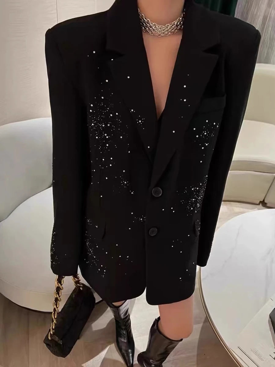 TWOTWINSTYLE Solid Loose Spliced Bead Fashion Blazers for Women Lapel Long Sleeves Patchwork Single Breasted Blazer Female New