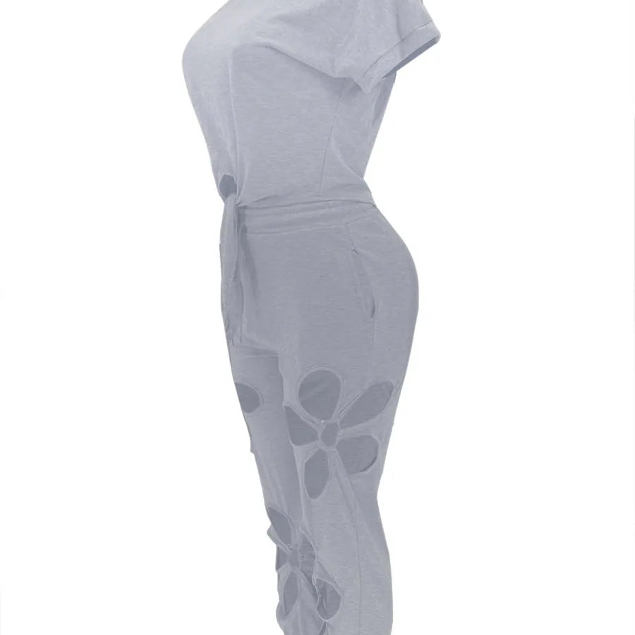 LW Plus Size Cut Out Bandage Design Pants Set Elegant Suit 2 Piece Set Women Sexy short Sleeve Top Hollow Out Pants Ladies Sets