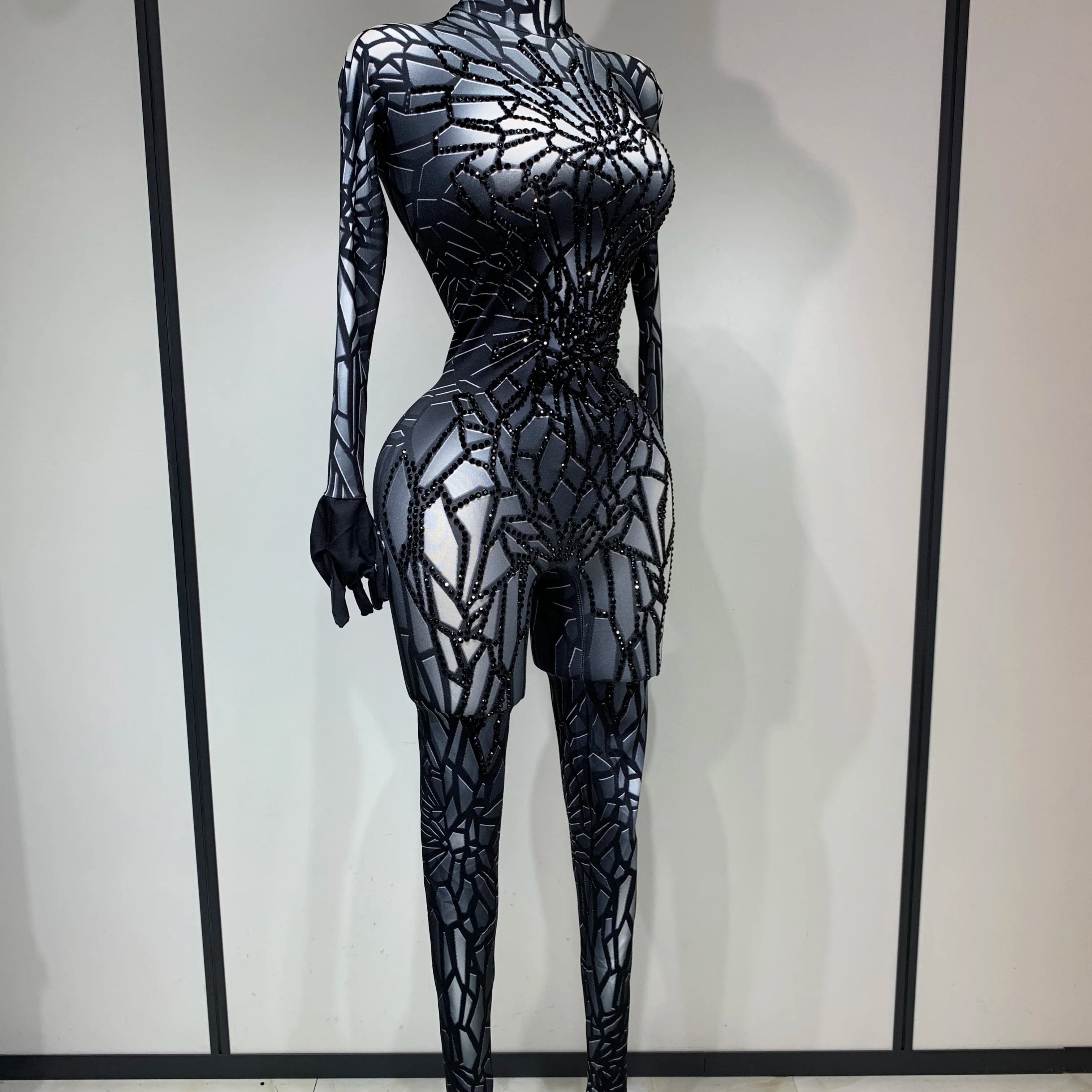 Women Sexy Black Rhinestone Stretch Bodycon Jumpsuit Club Evening Party Birthday Wear Singer Dancer Stage Perform Costume