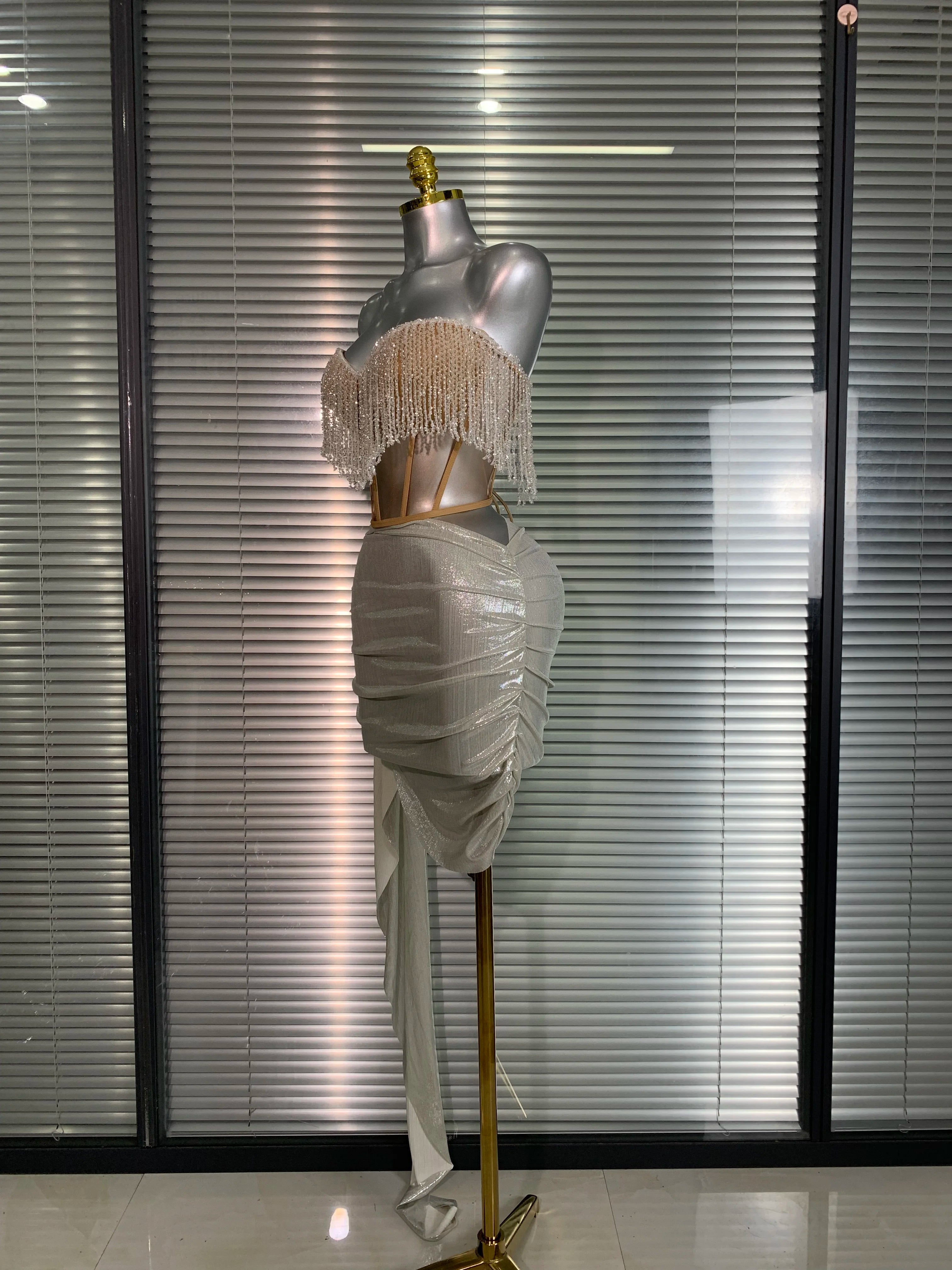 New Women Sexy Tassel Two Pieces Set Sparkly Night Club Skirt Suits Singer Dancer Stage Performance Costume