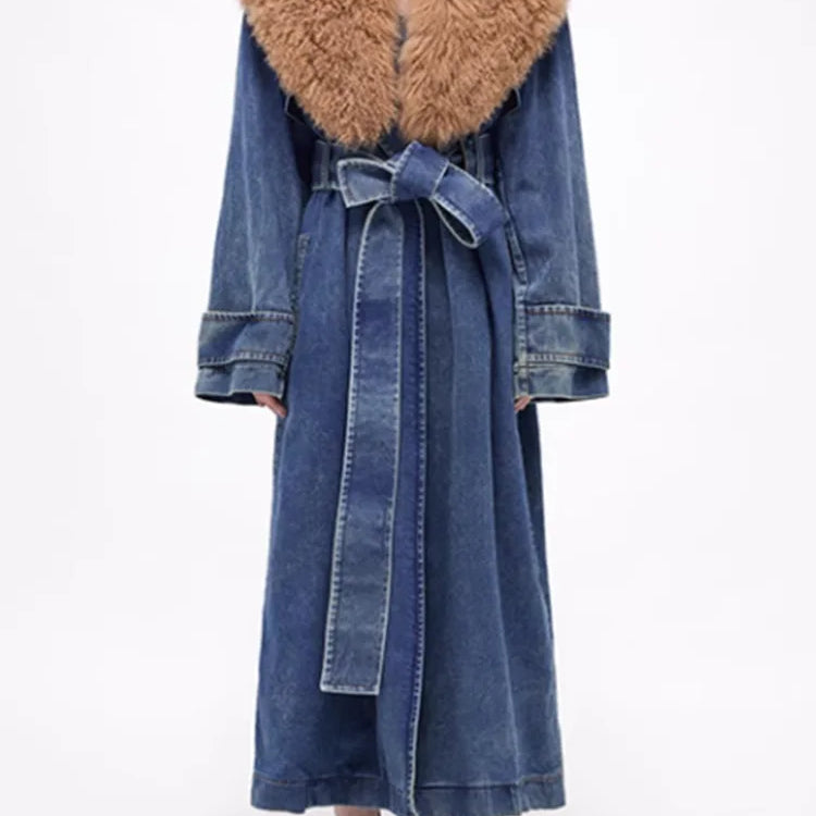 DEAT Fahsion Women Denim Overcoat Fur Collar Belt Patchwork Pockets Loose Split Thick Warm Windbreaker Winter New LM1040