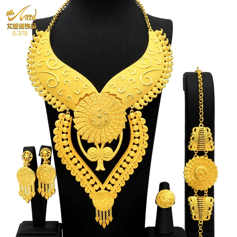 Indian Big Plated Gold Jewelry Women Necklace Sets Dubai African Party Bridal Wedding Gifts Arabic Necklace Jewelry Sets S-379