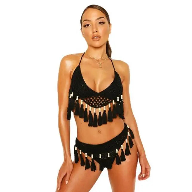 Sexy Crochet Bikinis Set Women Handmade Beading Tassel Knitting Bathing Suit Swimsuit 2021 New Micro Swimwear Summer Beachwear 13 Cotton