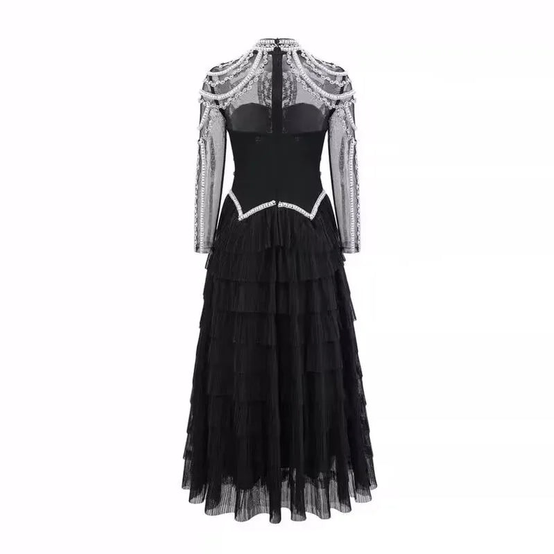 Shining Diamonds Pearl Beading Sexy See Through Mesh Ball Gown Dress Woman Birthday Party Vestido Celebrity Party Outfit