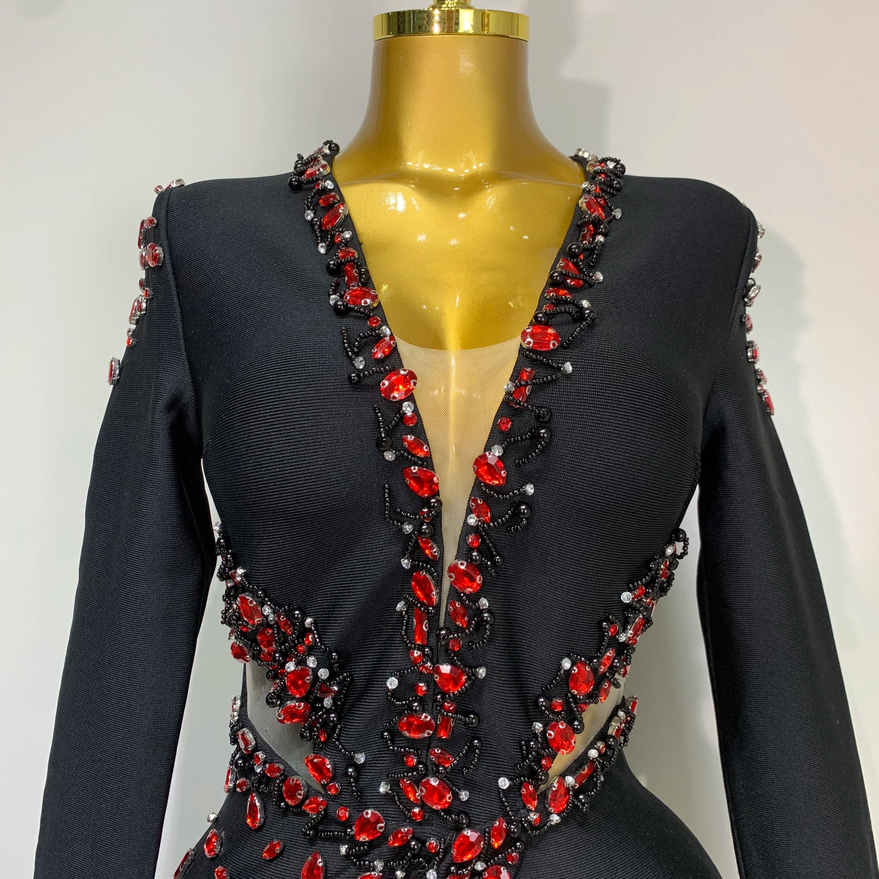 Luxury Birthday Women Celebrity Sexy Long Sleeve V Neck Rhinestone Black Bandage Dress 2025 Elegant Evening Club Party Dresses