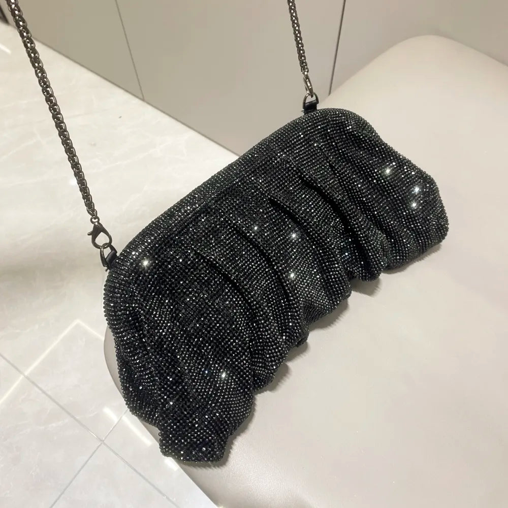 Shiny handle Rhinestones Handmade Evening Clutch Bags New Folds Purses And Handbags Luxury Designer Wedding Party black