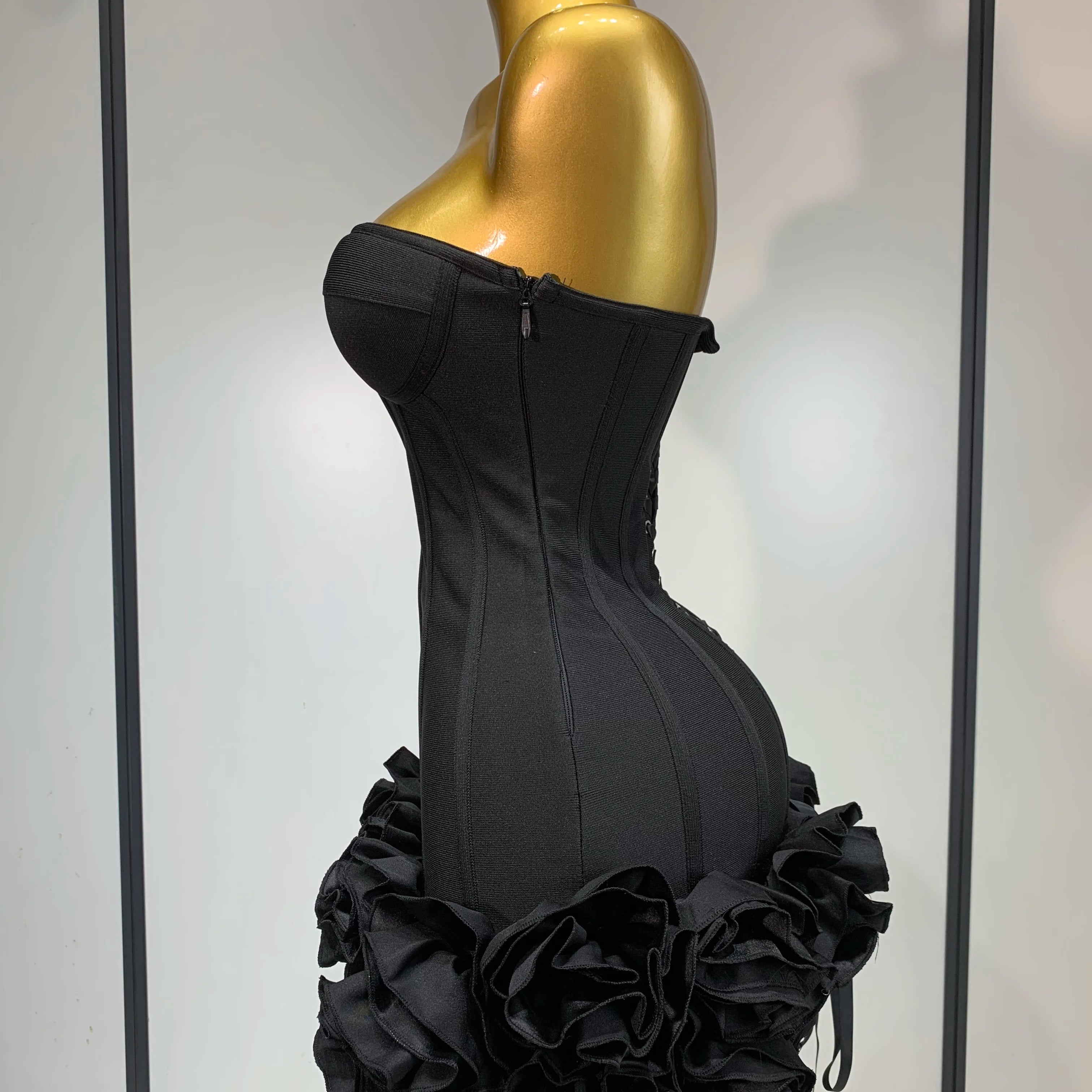 Women Evening Bandage Dress Strapless Bodycon Flowers Mini Celebrity Sexy Birthday Party Dresses Photo Shoot Nightclub Outfit