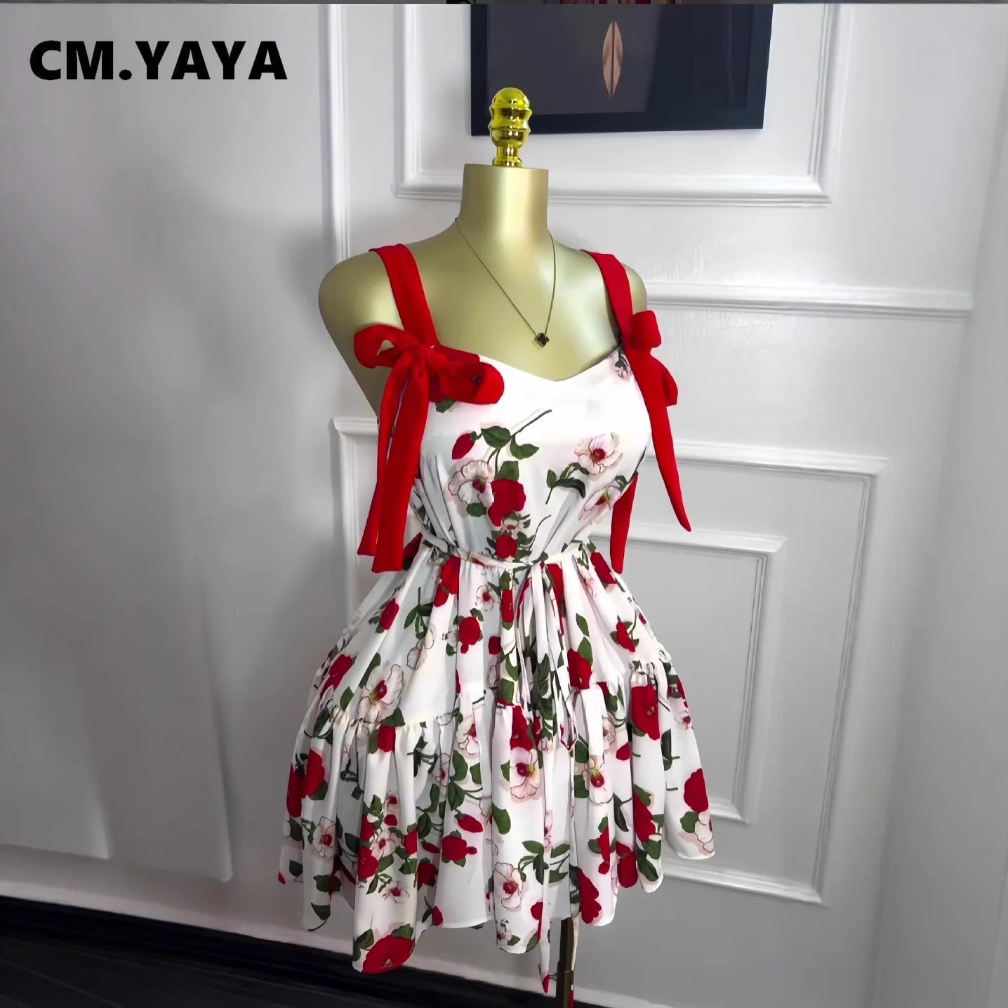 CM.YAYA Women Floral Printed Flare Sleeveless Bow Strap Belt Mini Dress 2025 Evening Sexy Beach Party Birthday Street Dresses