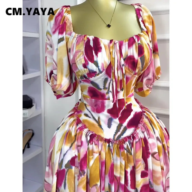 CM.YAYA Women Tulip Foral Printed Lantern Short Sleeve Big Swing High Waist Dress 2025 Chic Birthday Party Vestidos Sexy Dresses