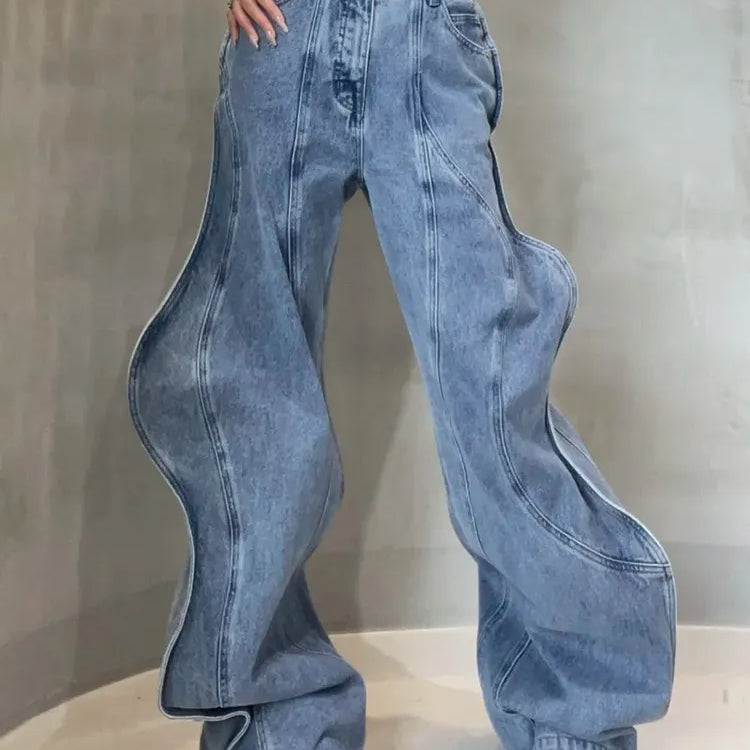 Irregular Spliced Pockets Jeans High Waist Patchwork Zipper Vintage Minimalist Wide Leg Jean Female Fashion Clothes