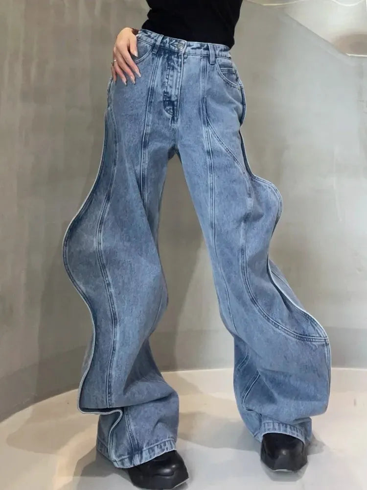 Irregular Spliced Pockets Jeans High Waist Patchwork Zipper Vintage Minimalist Wide Leg Jean Female Fashion Clothes
