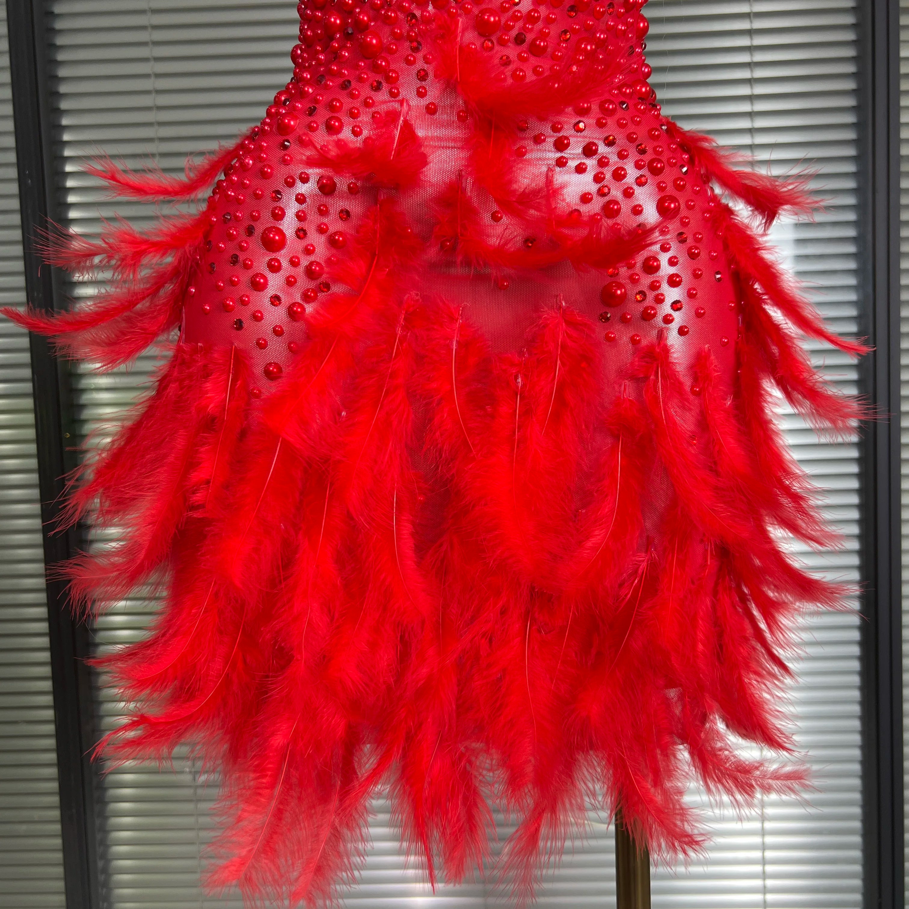 Women Sexy Backless Mesh Crystal Diamonds Feathers Performance Costume Stage Dancer Mini Stretchy Night Club Party Dress
