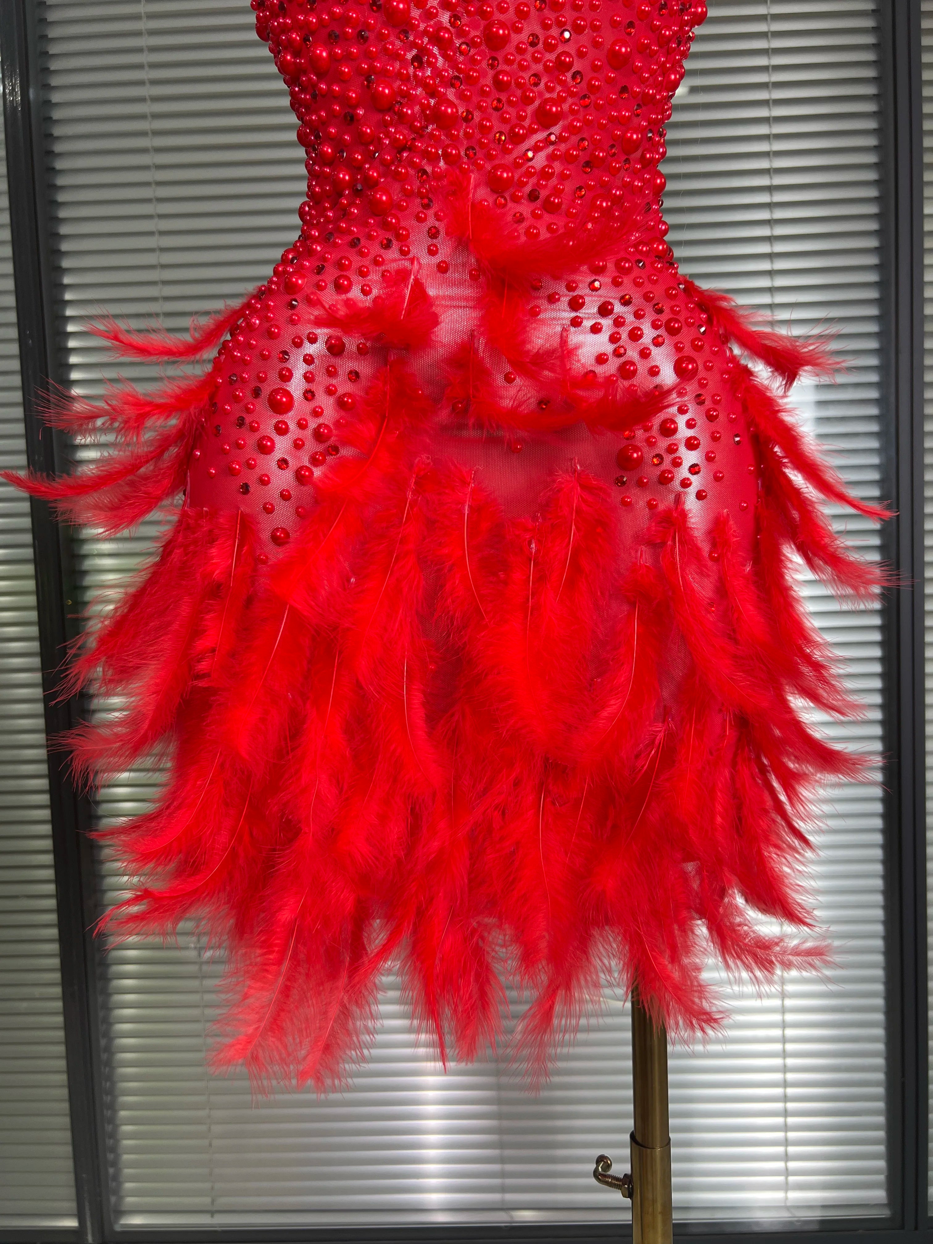 Women Sexy Backless Mesh Crystal Diamonds Feathers Performance Costume Stage Dancer Mini Stretchy Night Club Party Dress