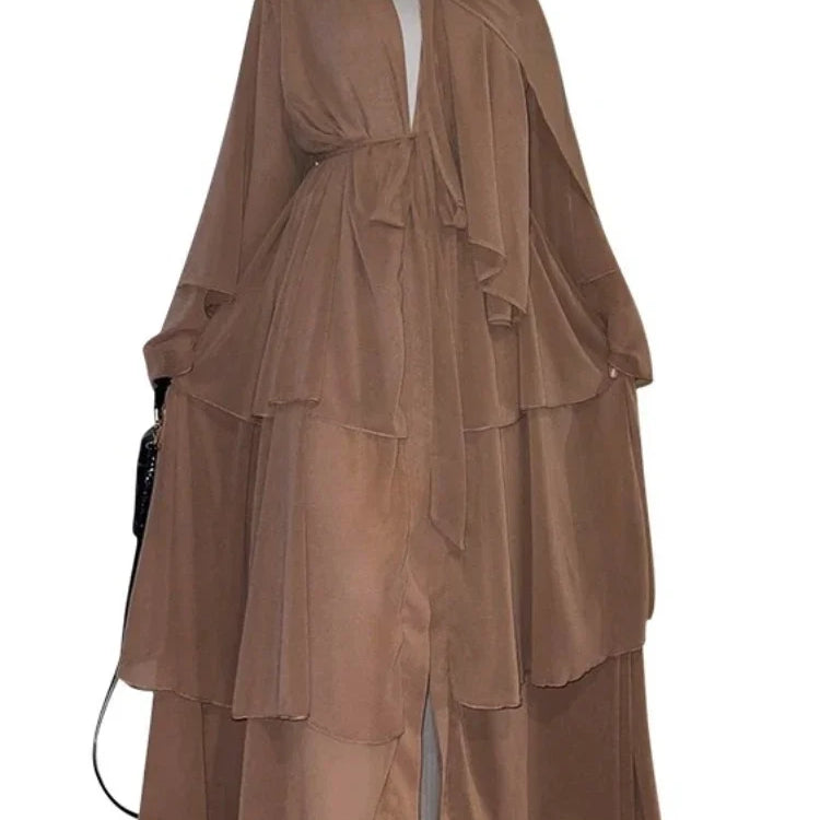 New In Women Abaya NO SCRARF(Encrypted Chiffon)Elegant Muslim Stitching Three Layer Abaya Ruffle Sleeves Cardigan Marocain Dress brown