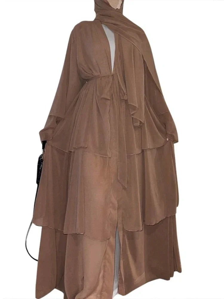 New In Women Abaya NO SCRARF(Encrypted Chiffon)Elegant Muslim Stitching Three Layer Abaya Ruffle Sleeves Cardigan Marocain Dress brown