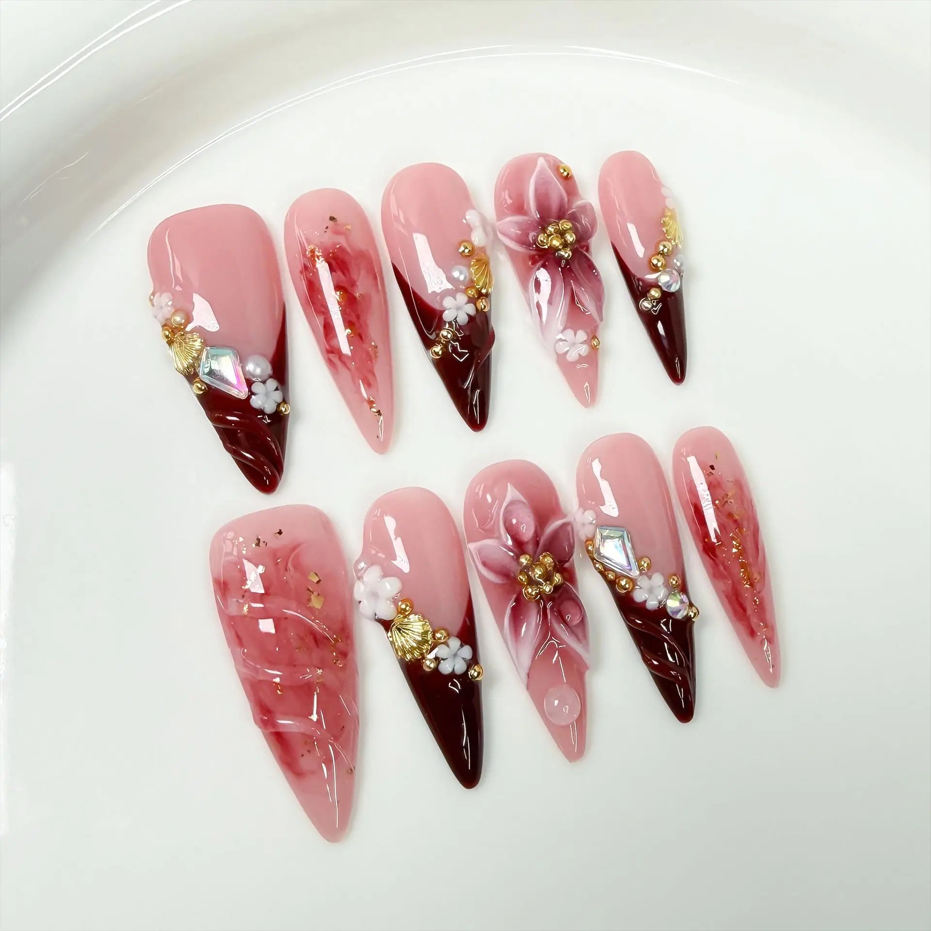 10pcs long stiletto handmade false nail sets pink Smudge almond nails tips flower diamond fake nail art French press on nails