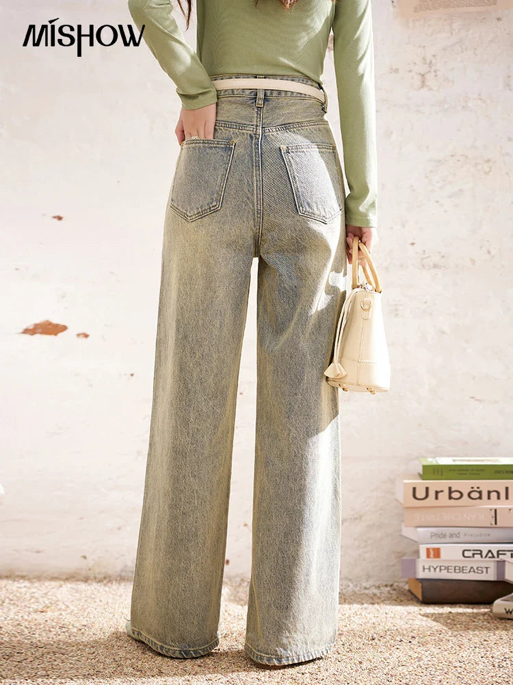 MISHOW Baggy Distressed Jeans for Women Wide Leg High Waist Loose Vintage Pants Spring Autumn Ladies Trousers MXD22K0562