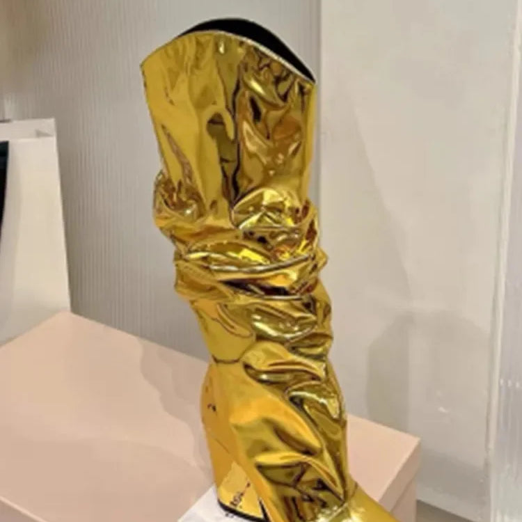 Autumn/Winter Mirror Face Thick High Heel Mid Boot Pointed Fashion High Boot Banquet Party Colorful Over Knee Long Boot golden