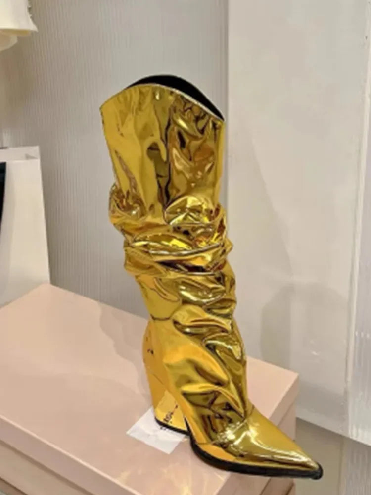 Autumn/Winter Mirror Face Thick High Heel Mid Boot Pointed Fashion High Boot Banquet Party Colorful Over Knee Long Boot golden
