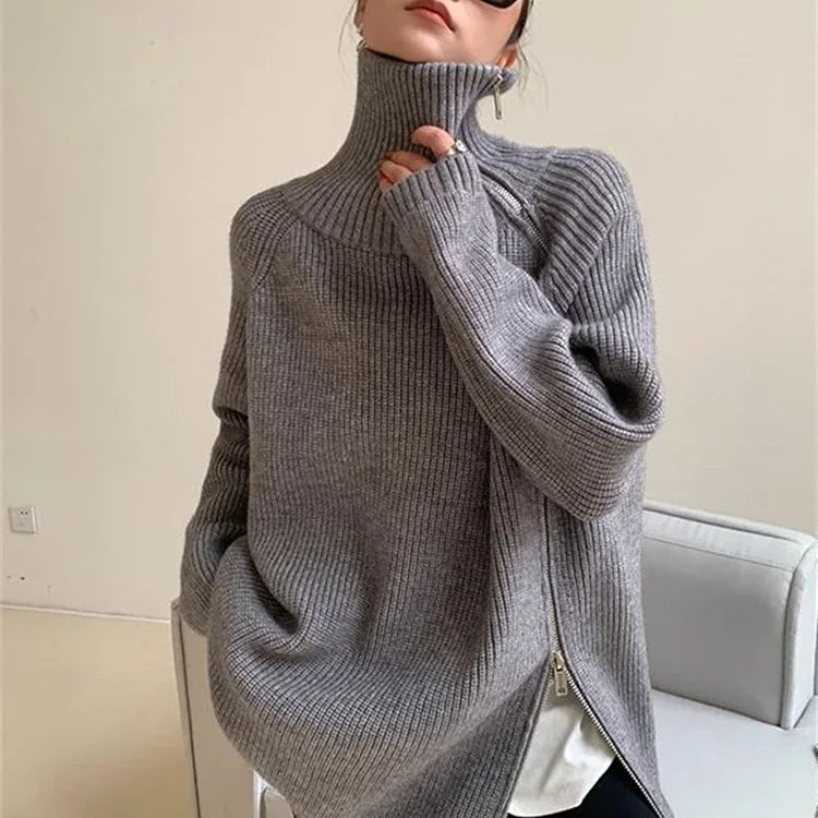 2023 Winter Women's Turtleneck Zipper Oversize Fashion Sweaters Autumn New Knitwears Loose Thick Warm High Neck Solid Pullovers
