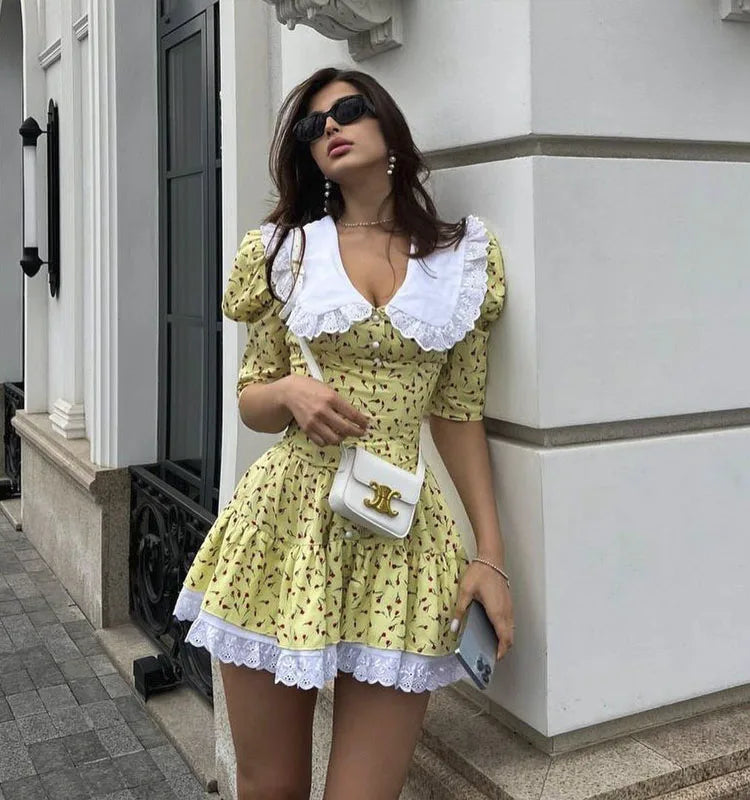 Women's Clothing Summer Doll Collar Floral Short Sleeve Dress Slim Fit Waist Tutu Skirt Lace Club Party Dress Vestidos