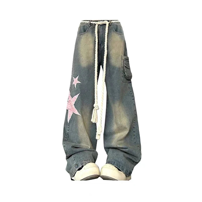 Women Baggy Star Jeans Vintage Harajuku Oversize High Waist Denim Trouser Emo 2000s Y2k 90s Aesthetic Wide Pants Trashy Clothes Blue