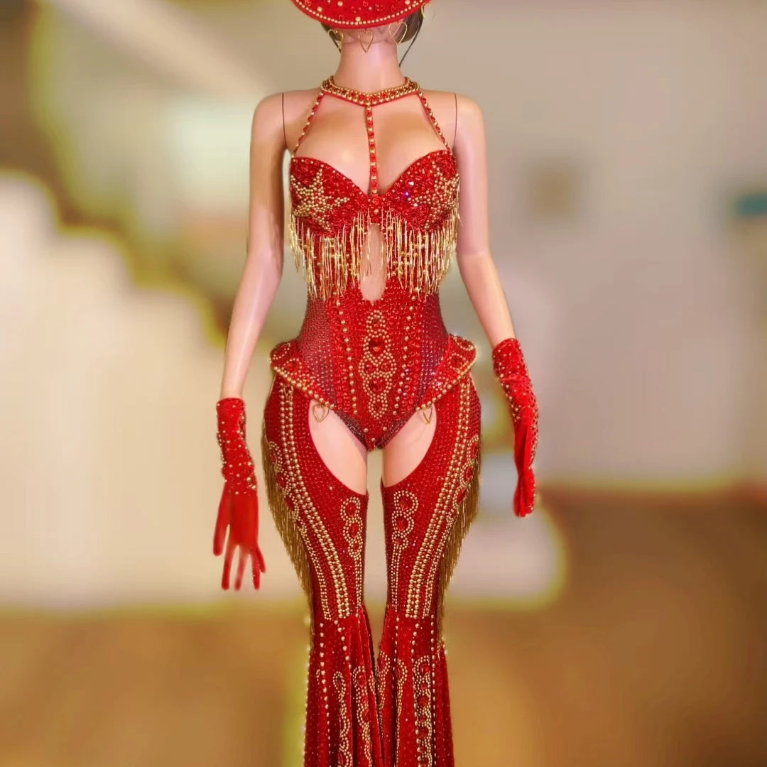 Sparkly Rhinestone Tassel Luxury Bodysuit 4Piece Set Cowboy Night Out Party Outfit Stage Show Jumpsuit Carnival Wear Hongding