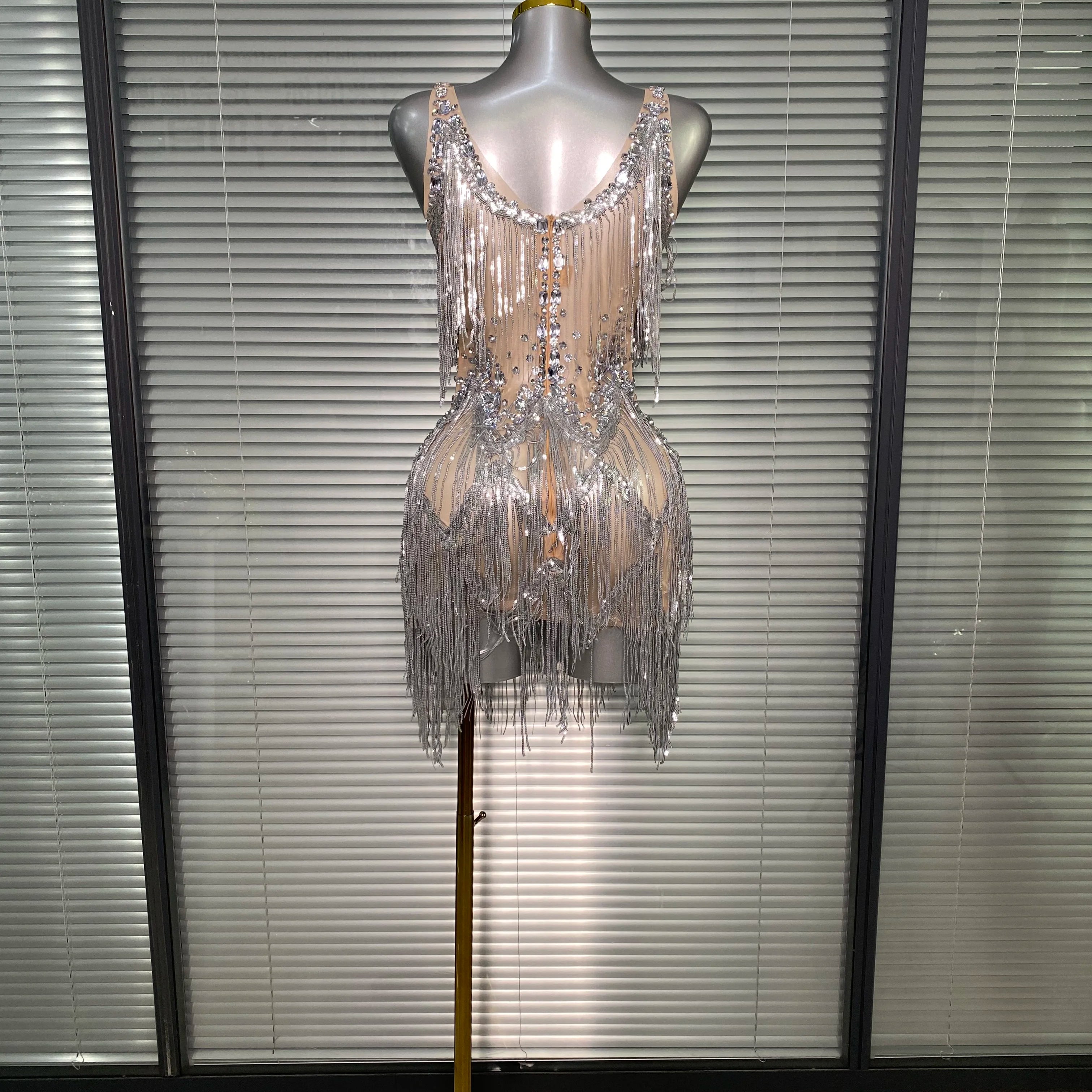 Celebrity New Women Sexy Mesh Sleeveless Stage Performance Costume Crystal Tassel Dancer Singer Night Club Mini Party Dress